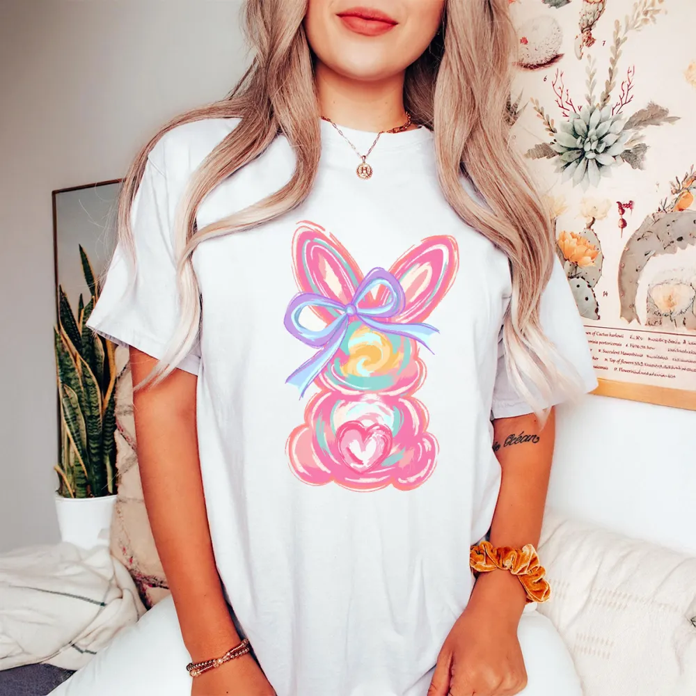 Colorful Ribbon Bunny Print T-Shirt