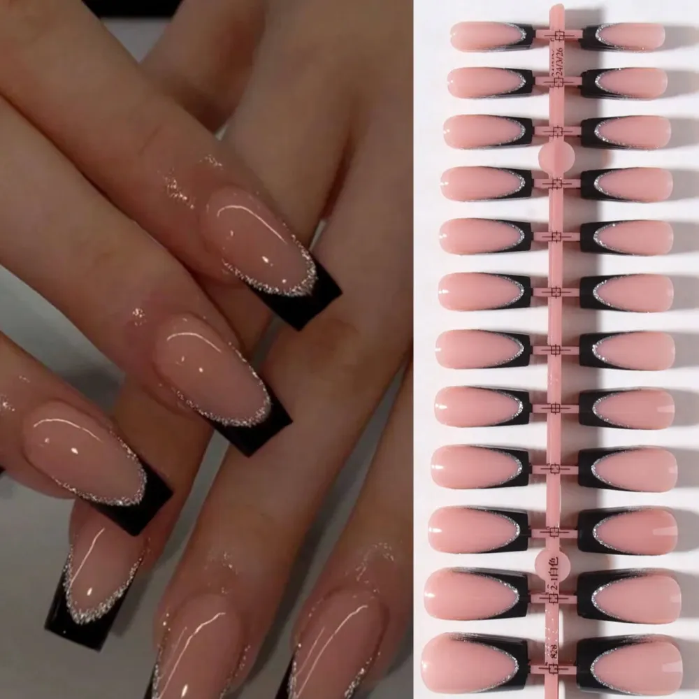 Nailhour 24Pcs French Rhinestone Medium Square Press On Nails