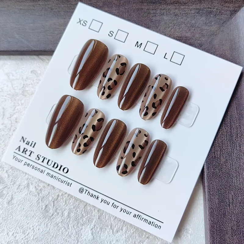 Nailhour 30Pcs Cat Eye Brown Medium Almond Press On Nails