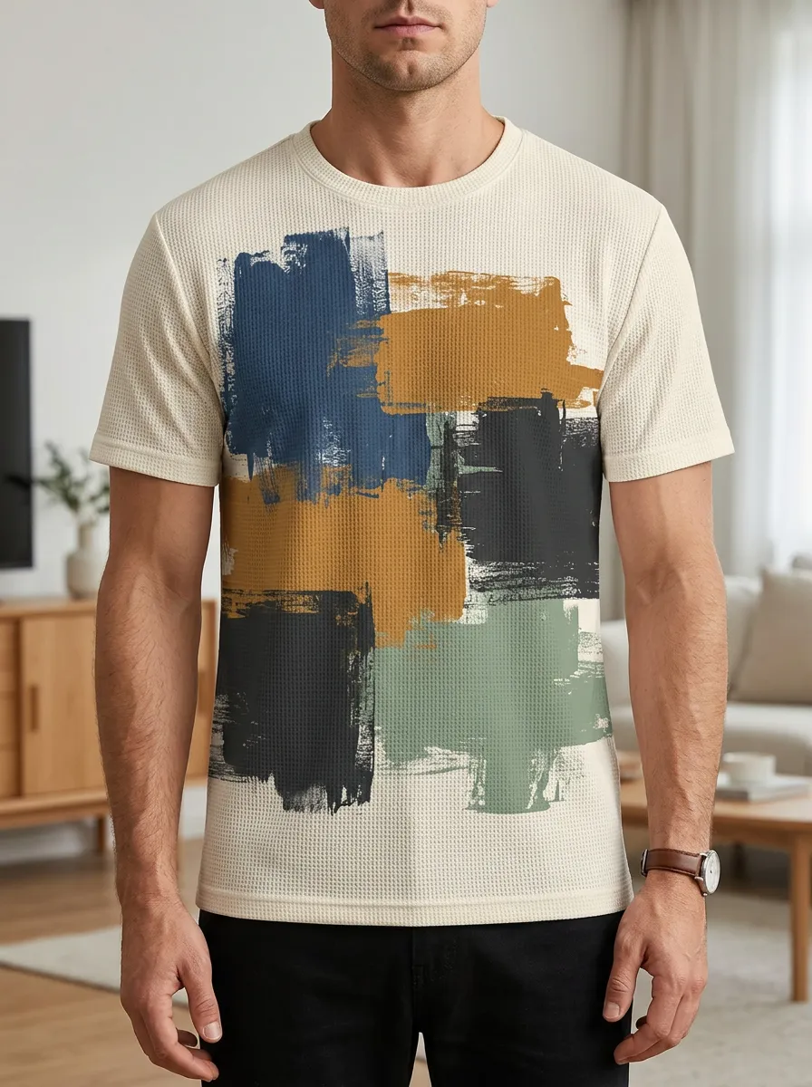Men's Abstract Art Brushstroke Waffle Knit Artistic Crew Neck T-Shirt