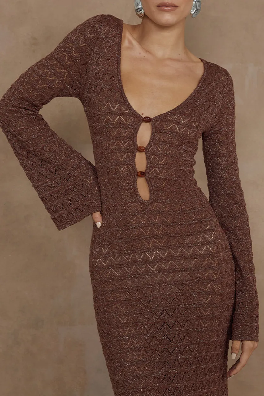 Long Sleeve Button Detail Knit Midi Dress