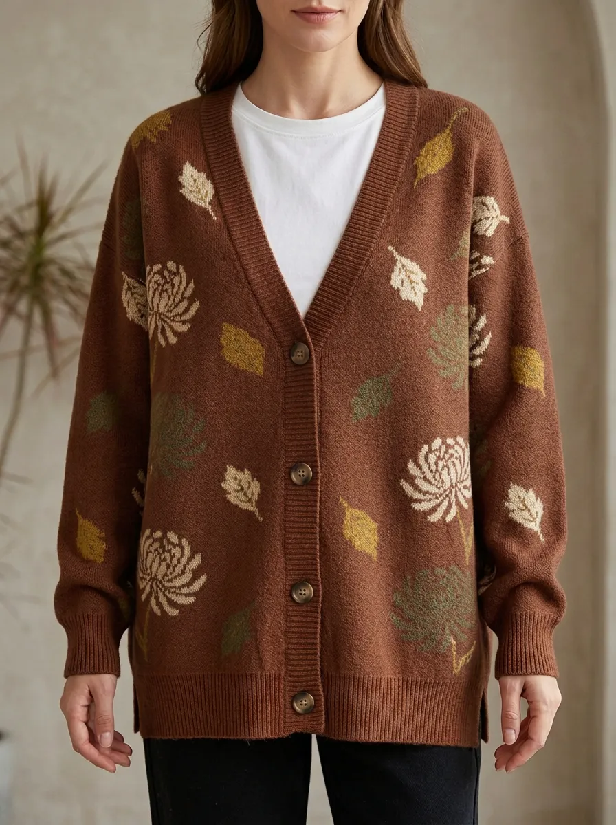 Chrysanthemum Leaf Patterned Women's Knit Cardigan
