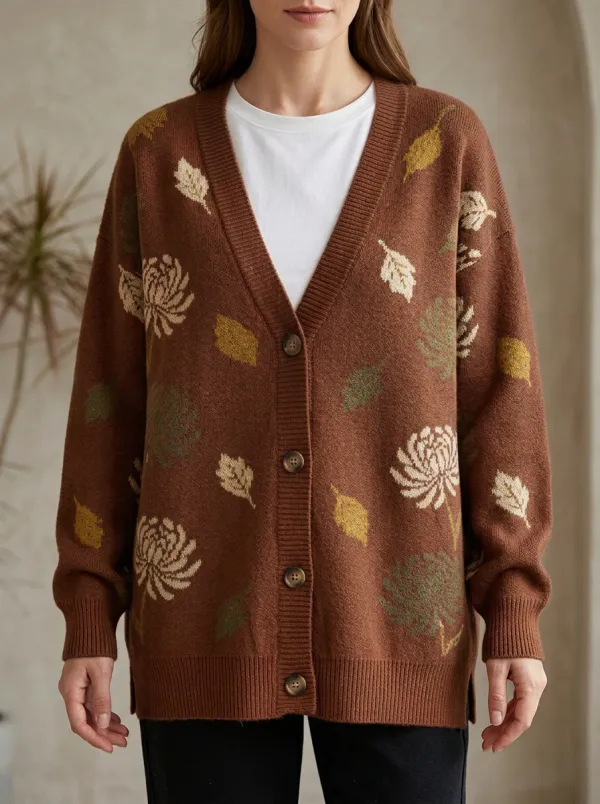 Chrysanthemum Leaf Patterned Women's Knit Cardigan