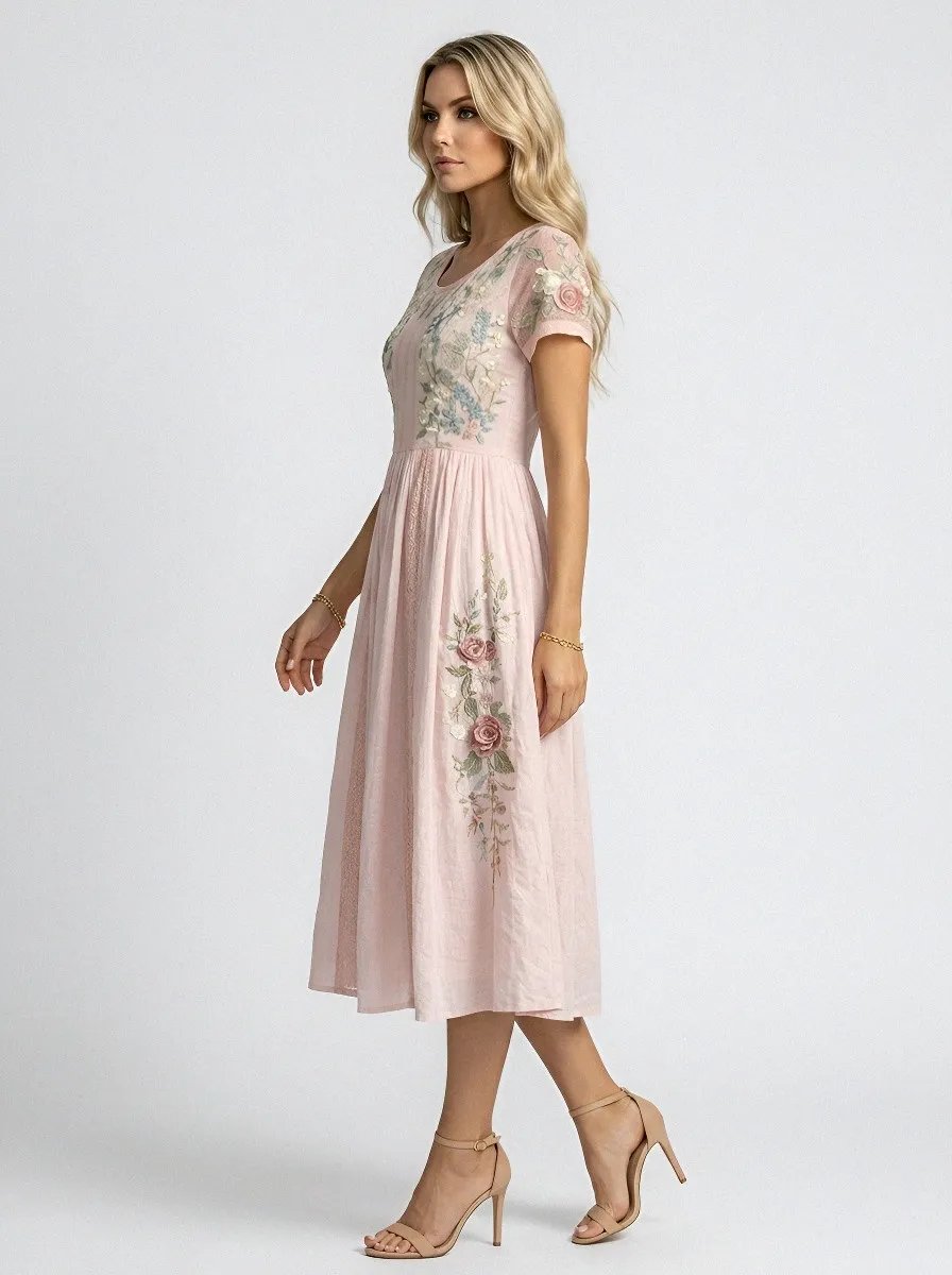 Women's Breast Cancer Awareness Pink Rose Floral Embroidered Printed Dress