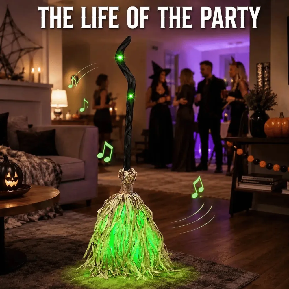Motion Activated Witch Broom LED Glowing Musical Decor Halloween Interactive Prop