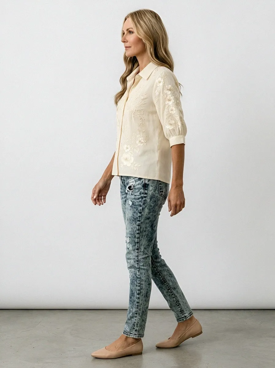 Women's Breast Cancer Awareness Butterfly Floral Embroidered Button-up Shirt