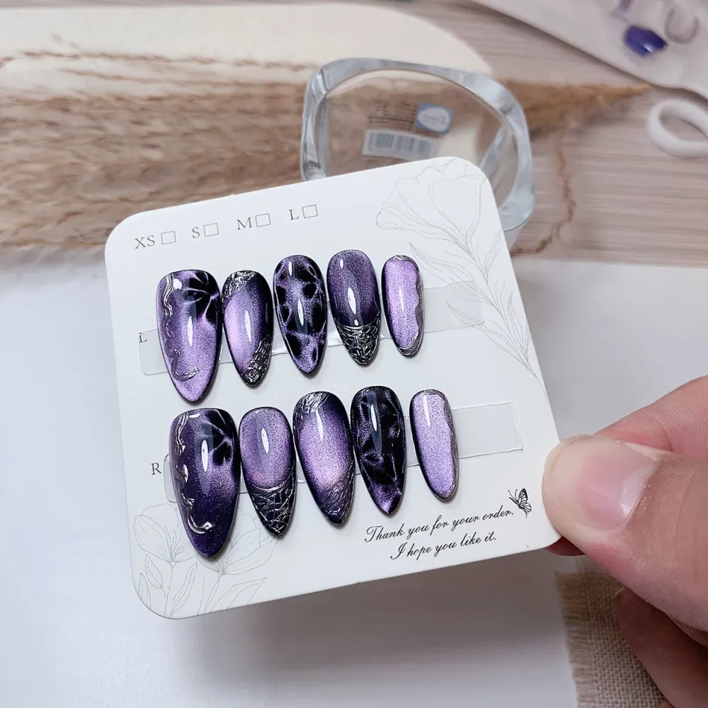 Nailhour 10Pcs French Glitter Cat Eye Purple Minimalist Medium Almond Press On Nails