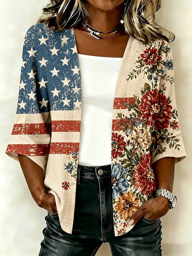 Women'S Casual Loose Independence Day Patriotic Cardigan