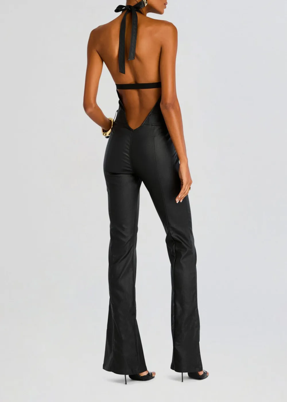 Deep V Neck Coated Denim Jumpsuit