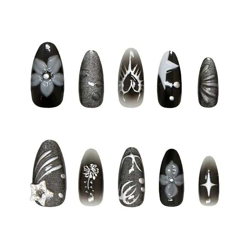 Nailhour 30Pcs Rhinestone 3D Floral Cat Eye Black Medium Almond Press On Nails
