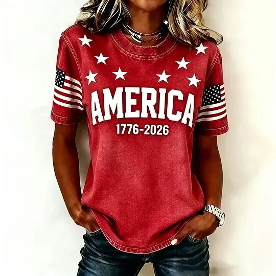 Women's 1776 Independence Day Flag Print Casual T-shirt