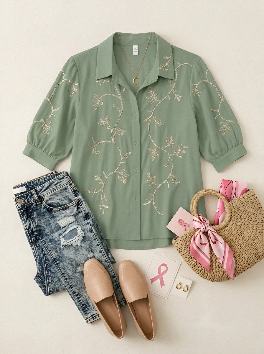 Women's Breast Cancer Awareness Floral Vine Embroidered Button-up Shirt