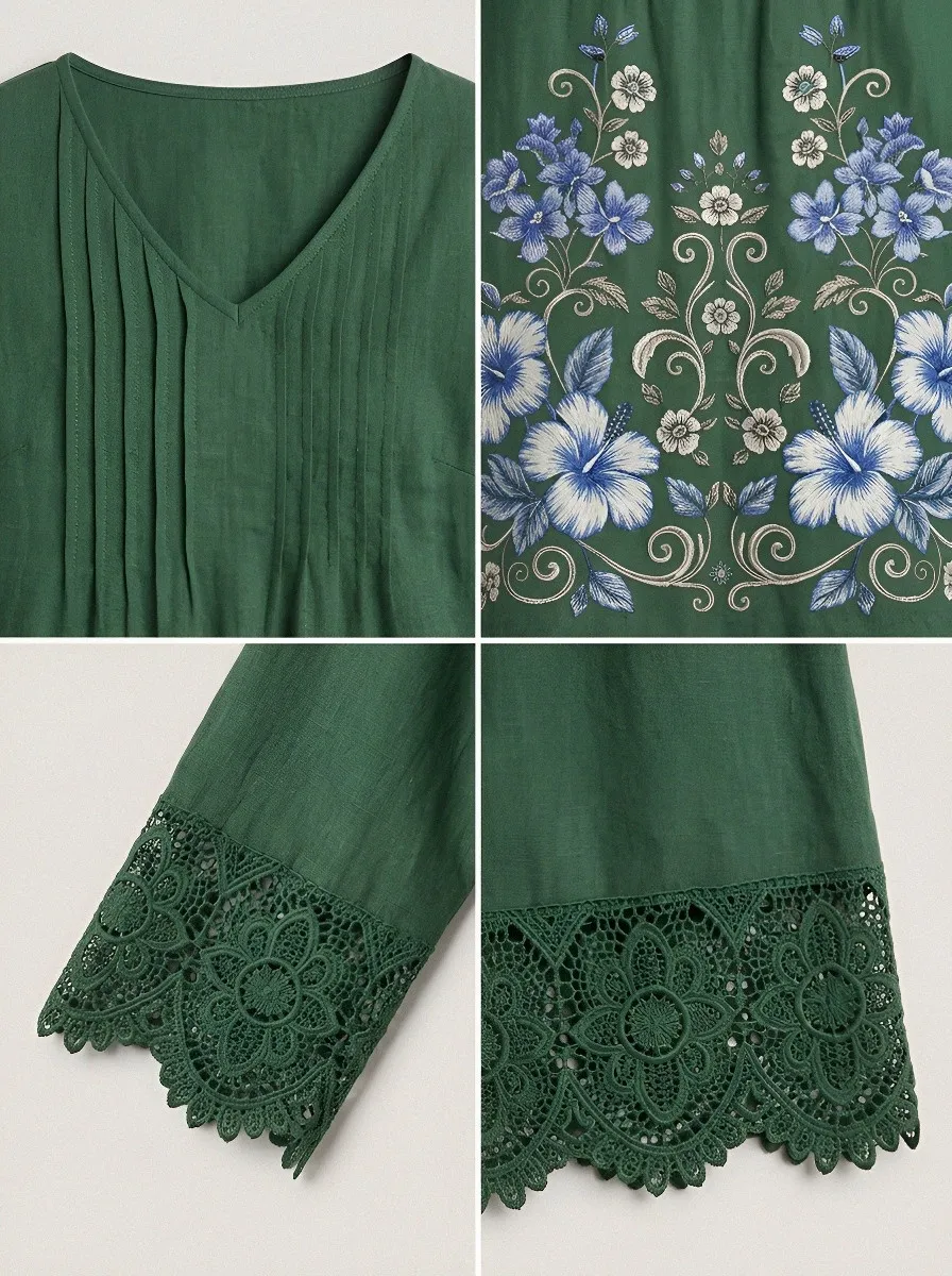 Women's Summer Vacation Blue Hibiscus Floral Lace Trim Printed Dress
