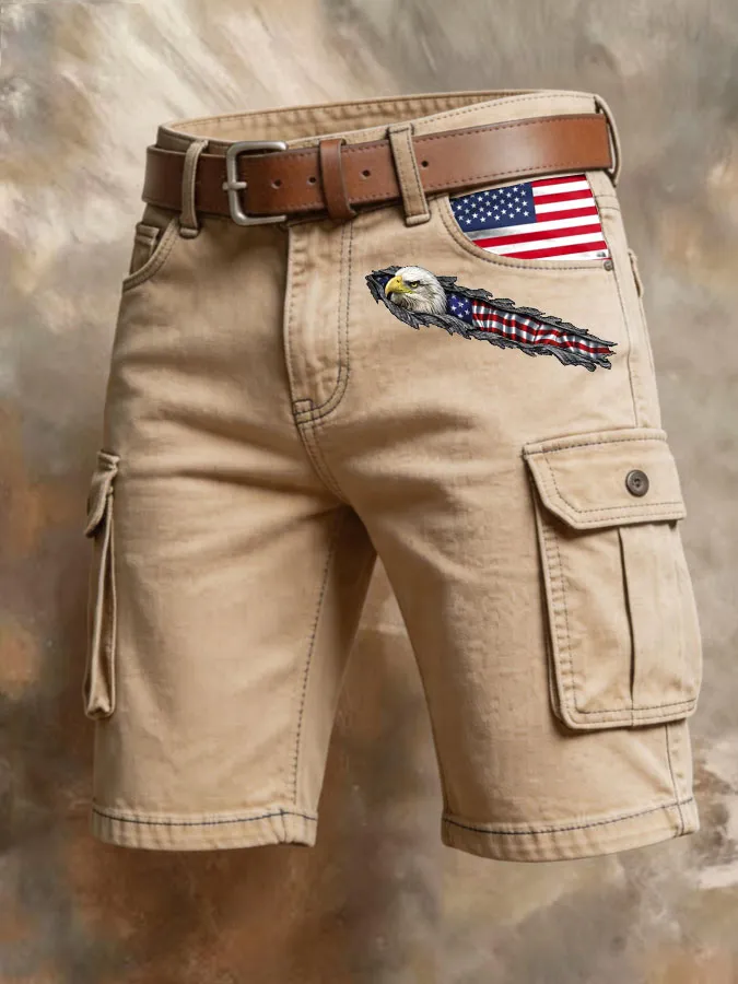 Men'S Retro American Flag Printed Multi Pocket Design Cargo Pants