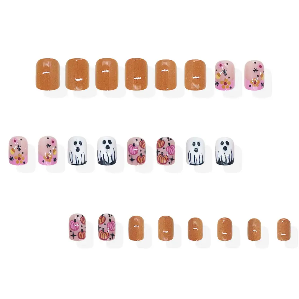 Nailhour 24Pcs Halloween Short Squoval Floral Ghost Press On Nails