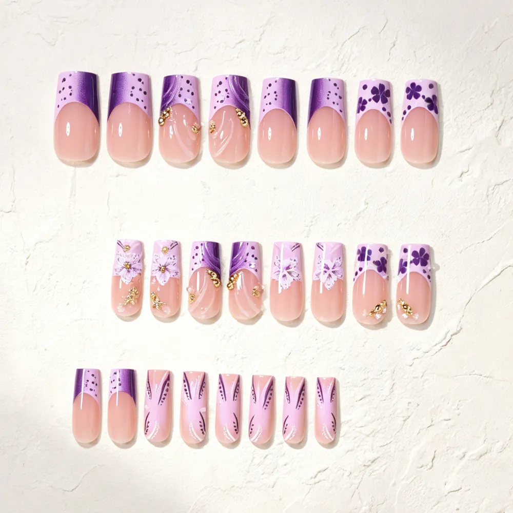 Nailhour 24Pcs 3D Floral French Medium Almond Press On Nails