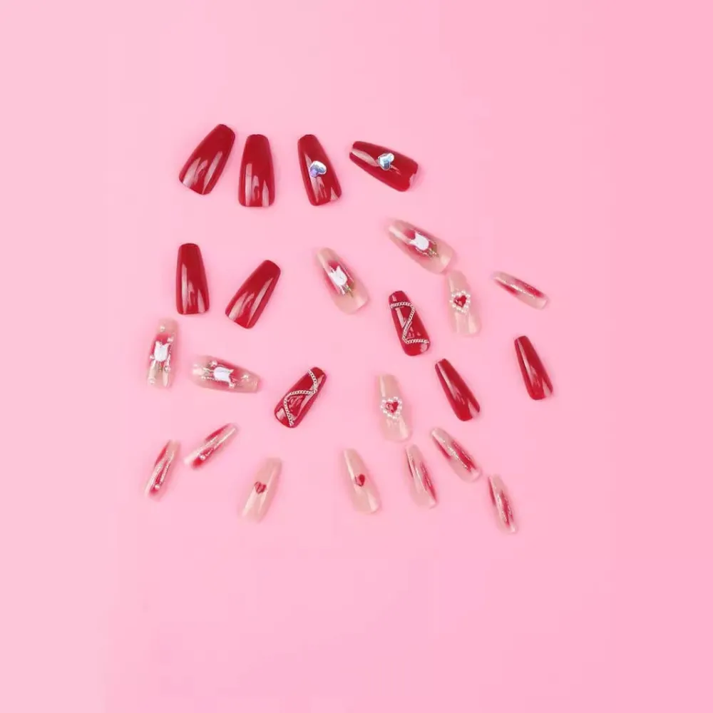 Nailhour 24Pcs Heart 3D Medium Coffin French Press On Nails