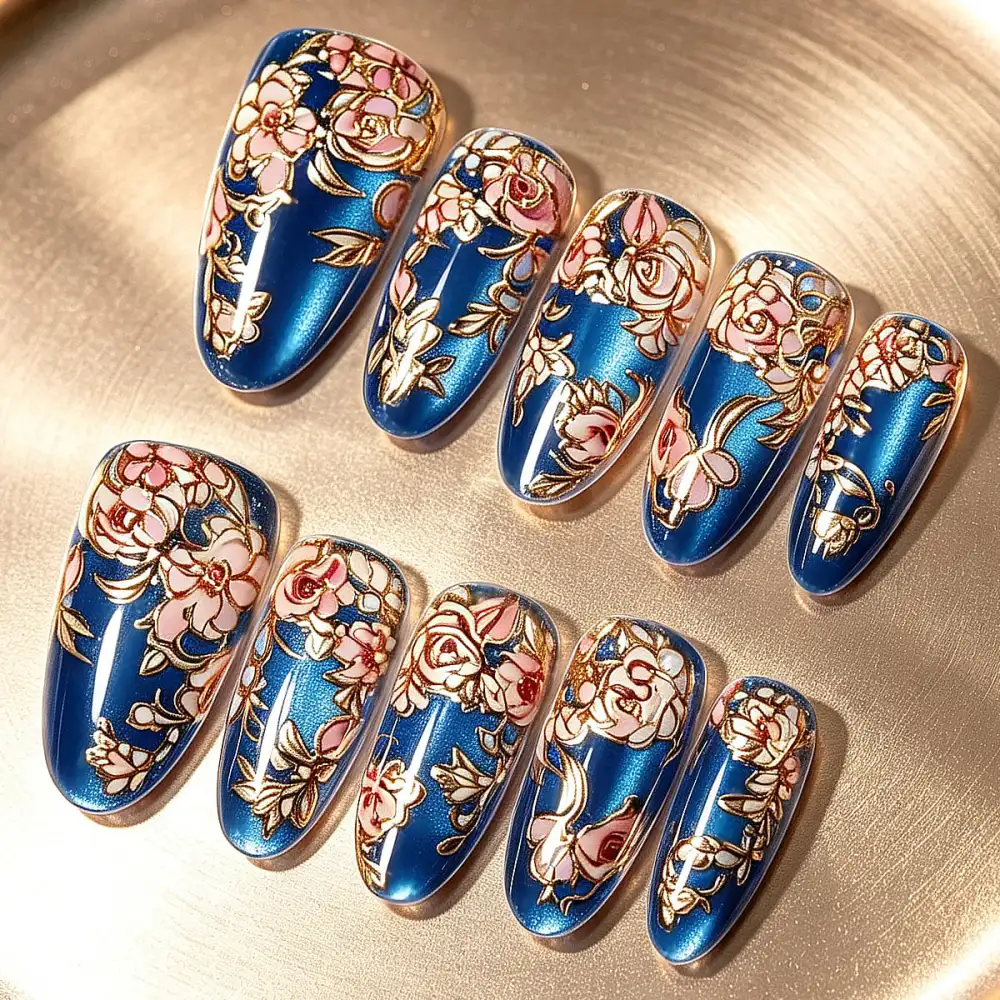 Nailhour 30Pcs Blue Cat Eye Medium Almond French Press On Nails