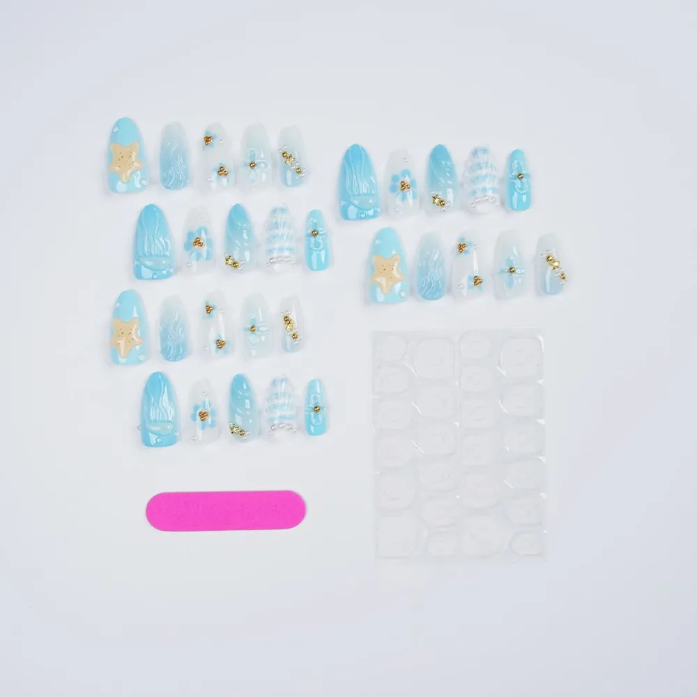 Nailhour 30Pcs Blue Gradient 3D Medium Almond French Press On Nails