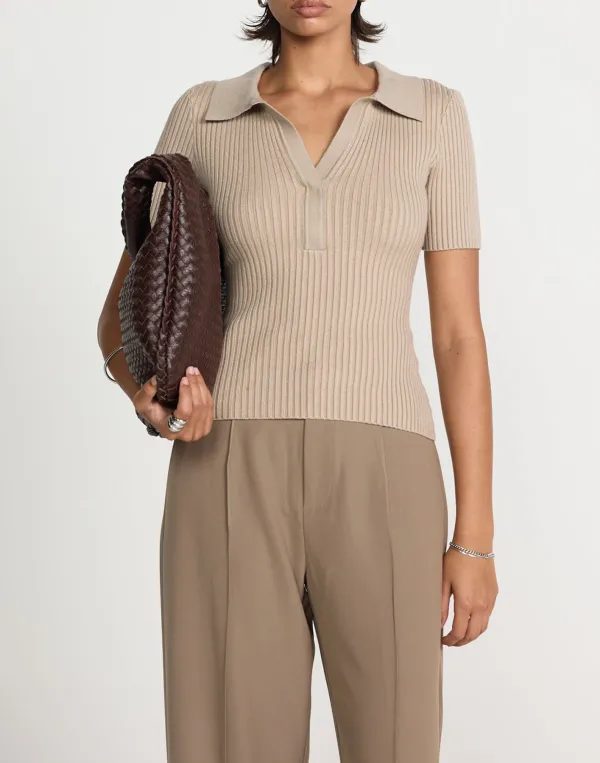 Cropped Ribbed Lapel Slim T-Shirt