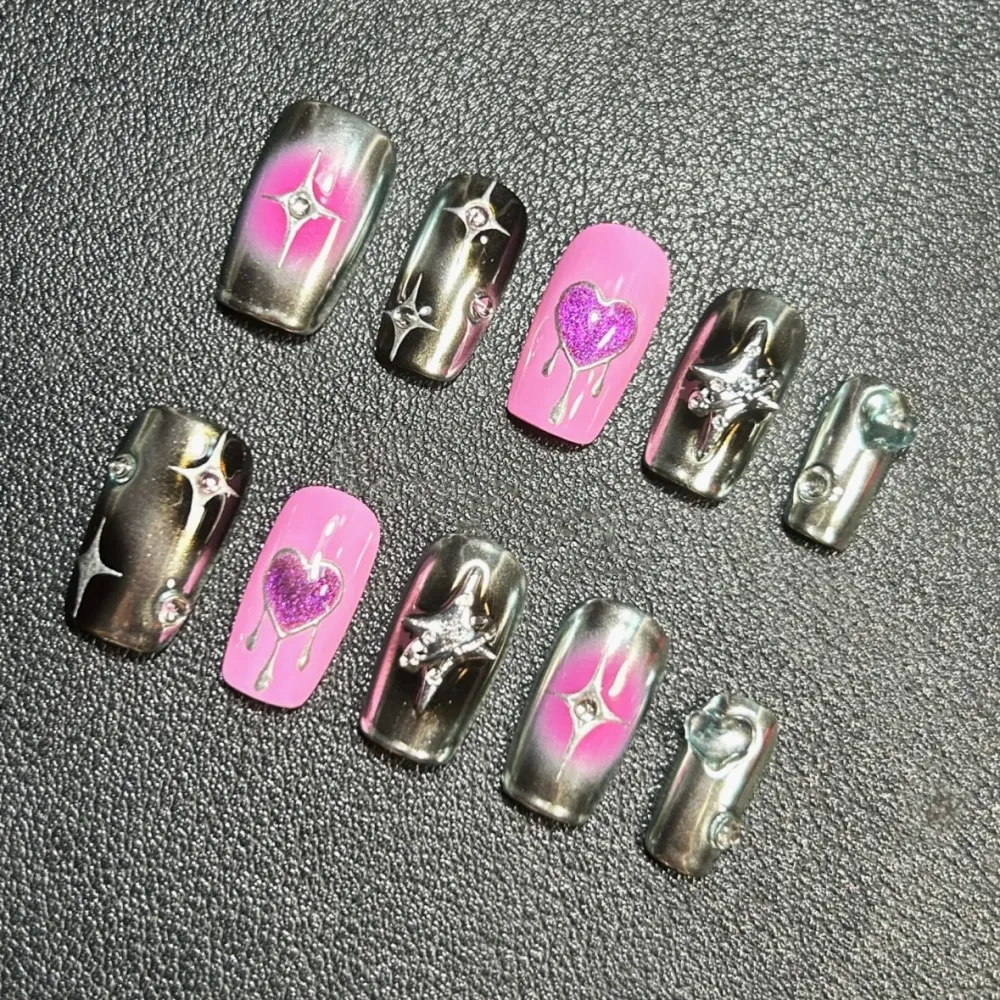 Nailhour 30Pcs Chrome Square Grey 3D Gilded Pink Heart Press On Nails