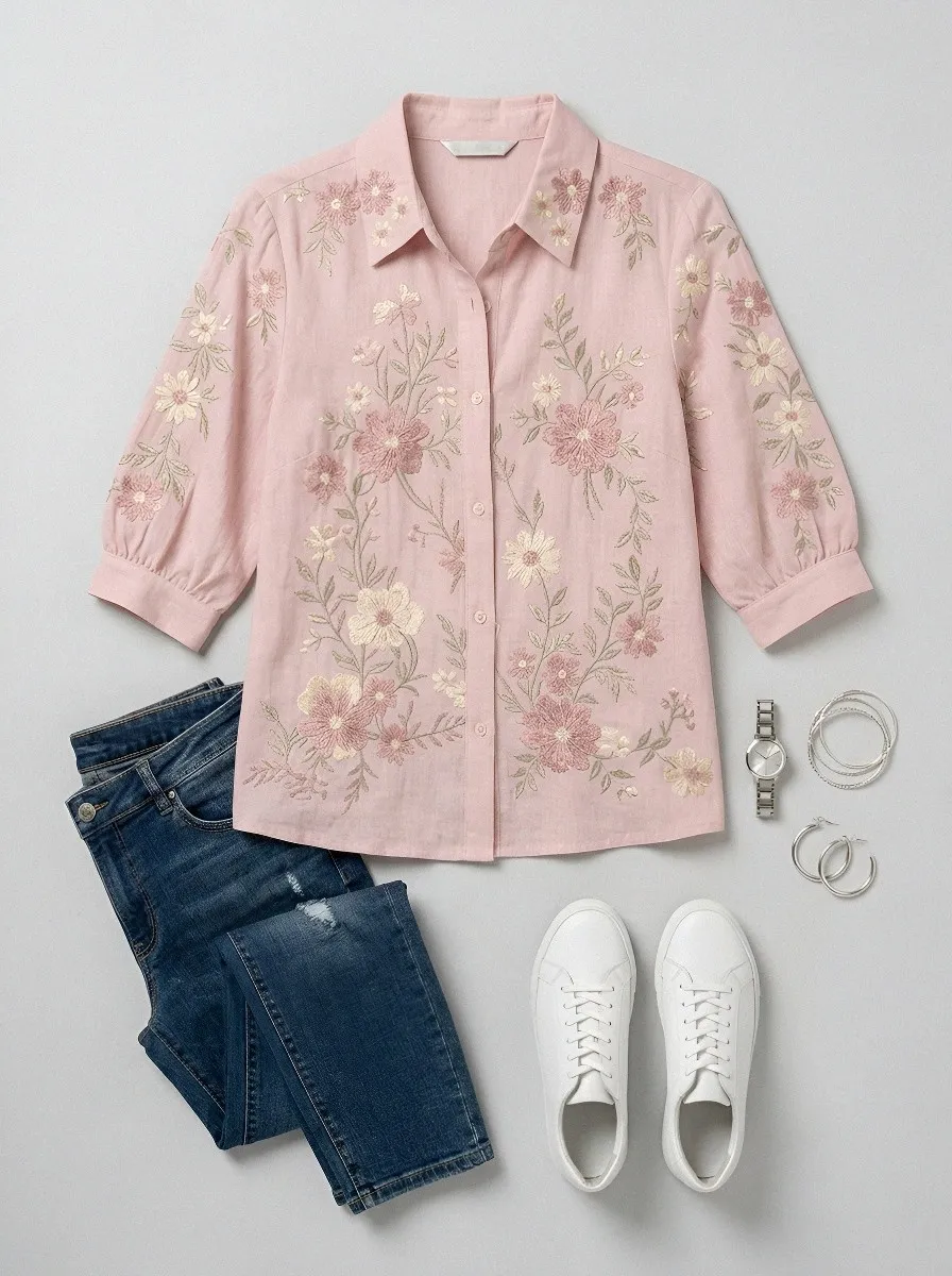 Women's Breast Cancer Awareness Pink Floral Embroidered Button-Down Shirt