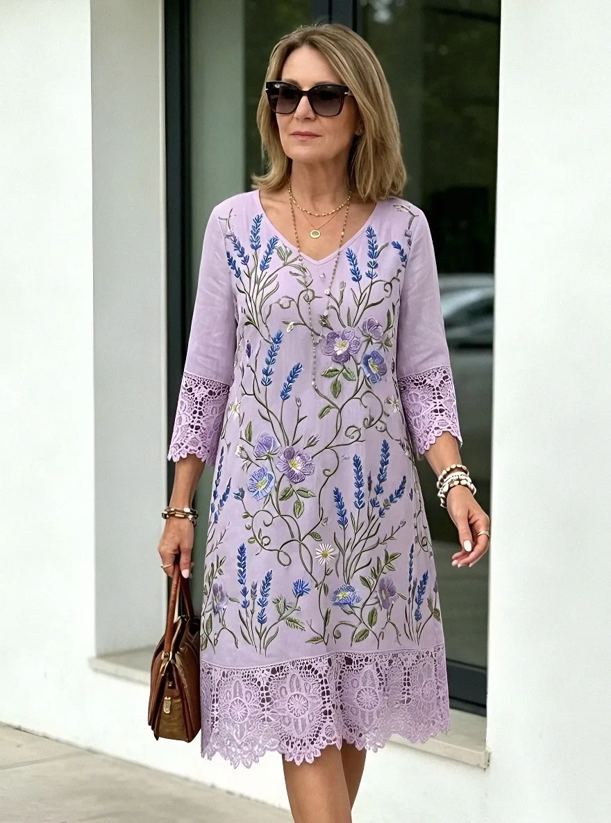 Women's Summer Vacation Lavender Floral Embroidered Lace Trimmed Dress