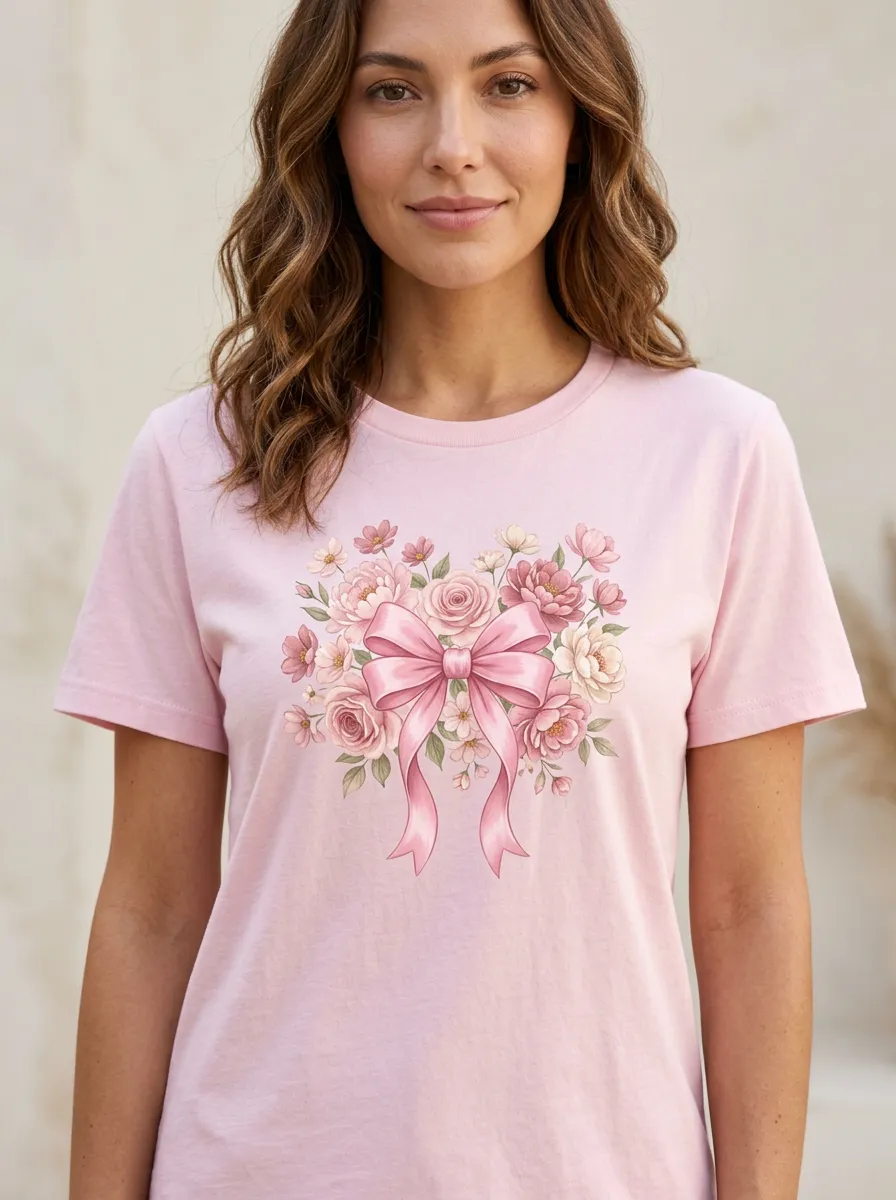 Women's Breast Cancer Awareness Floral Bow Printed T-shirt