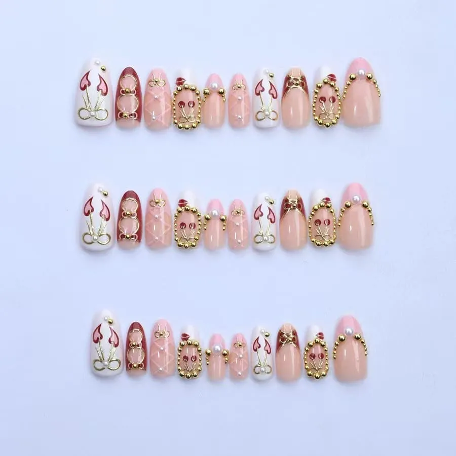 Nailhour 30Pcs Gilded Bow 3D Medium Almond French Press On Nails