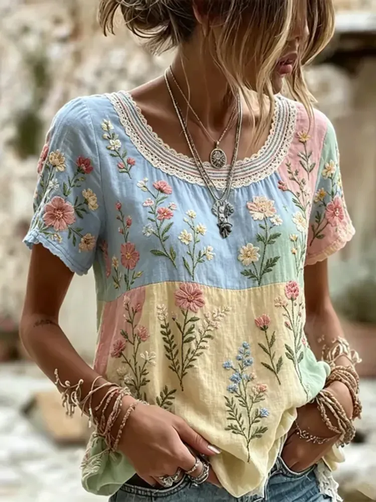 Women's casual floral print cotton and linen round neck top