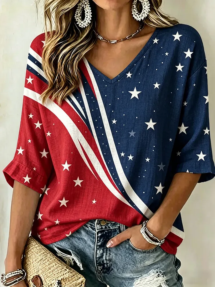 Women'S V-Neck Independent Day Printed Shirt