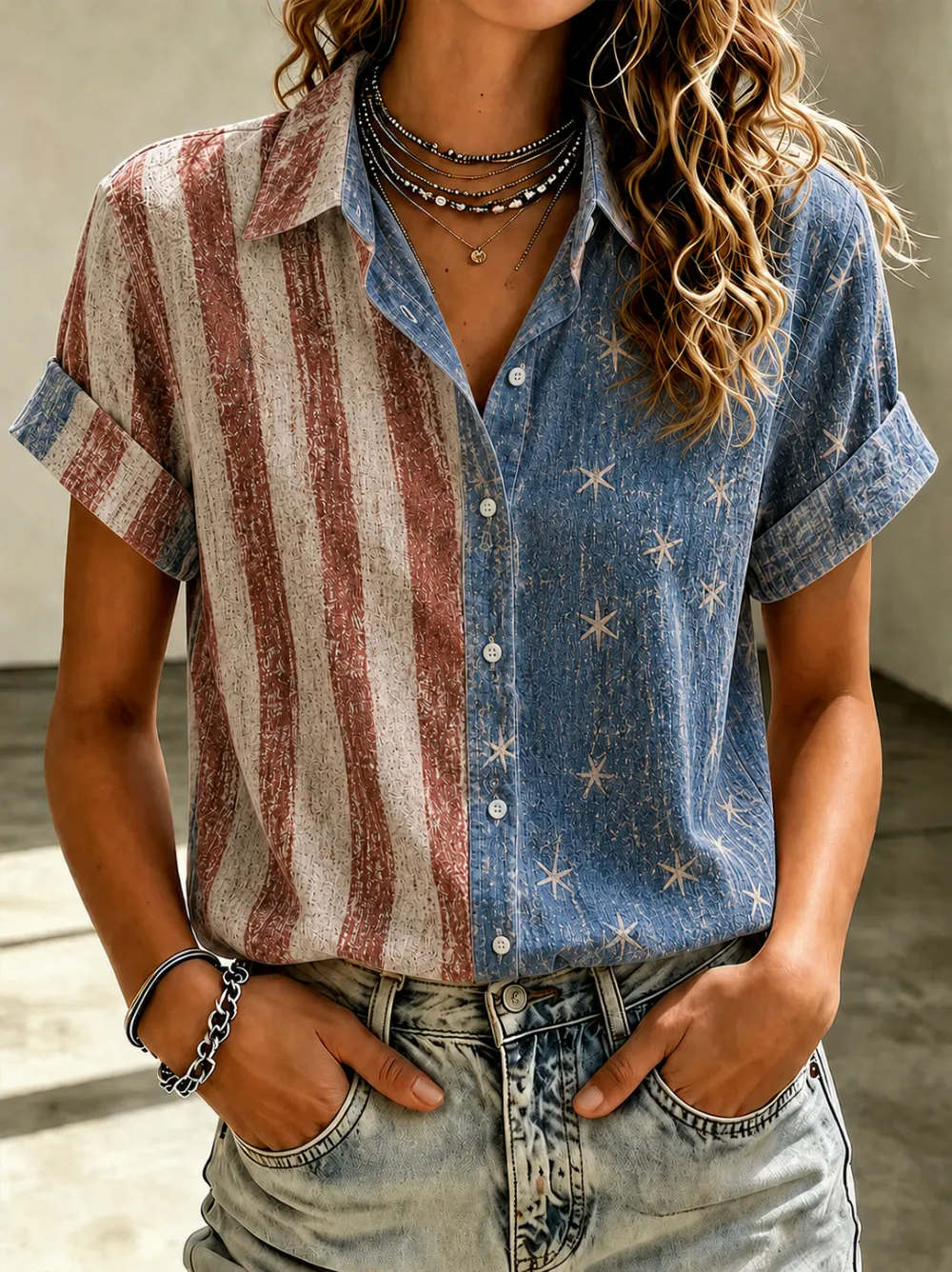 Women'S Casual American Flag 250Th Anniversary Celebration Floral Embroidery Printed Lapel Shirt