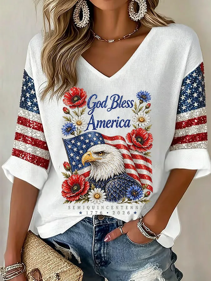 Women's American Flag Printed Casual Waffle Long Sleeve T-shirt