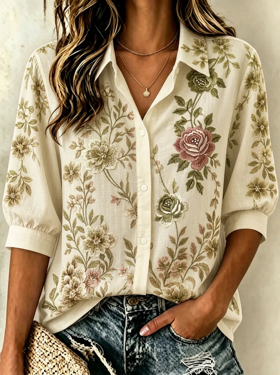 Women's Breast Cancer Awareness Floral Rose Printed Button-up Shirt