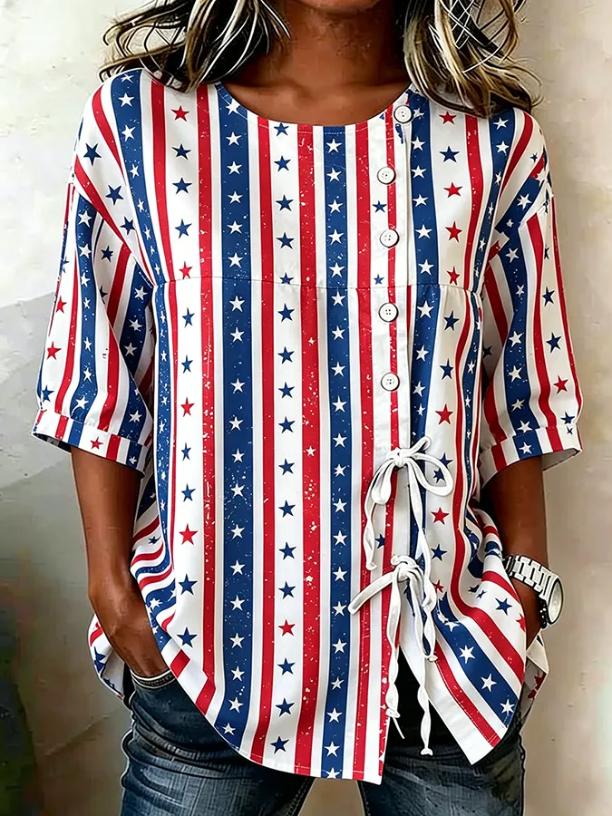 Women's Casual Retro Flag Striped Printed Top