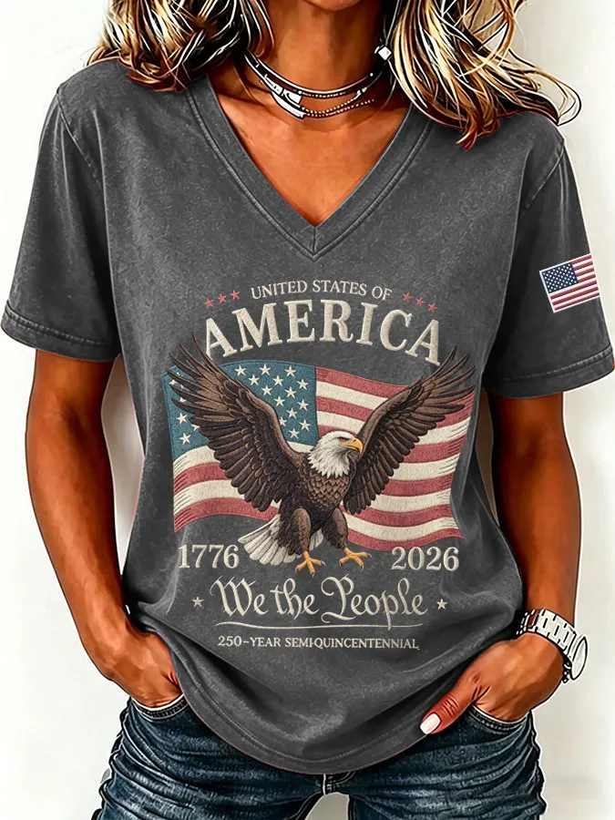 Women'S America Flag Print Casual V-Neck T-Shirt