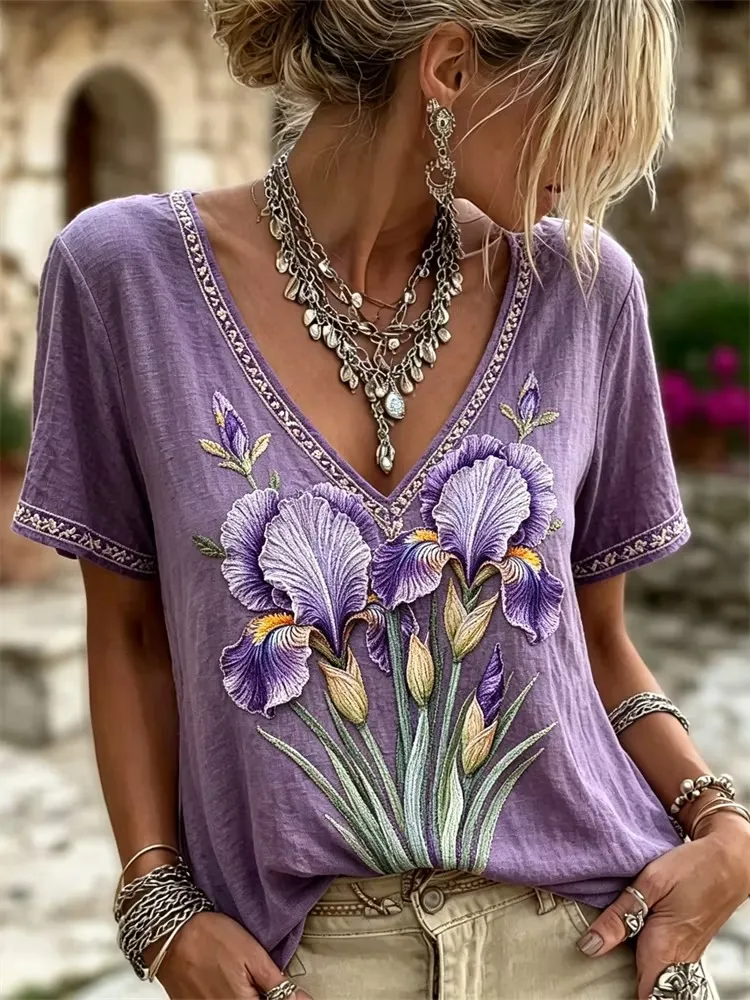 Vintage Pink Flower Gradient Cotton Linen Flower Print V-Neck Top