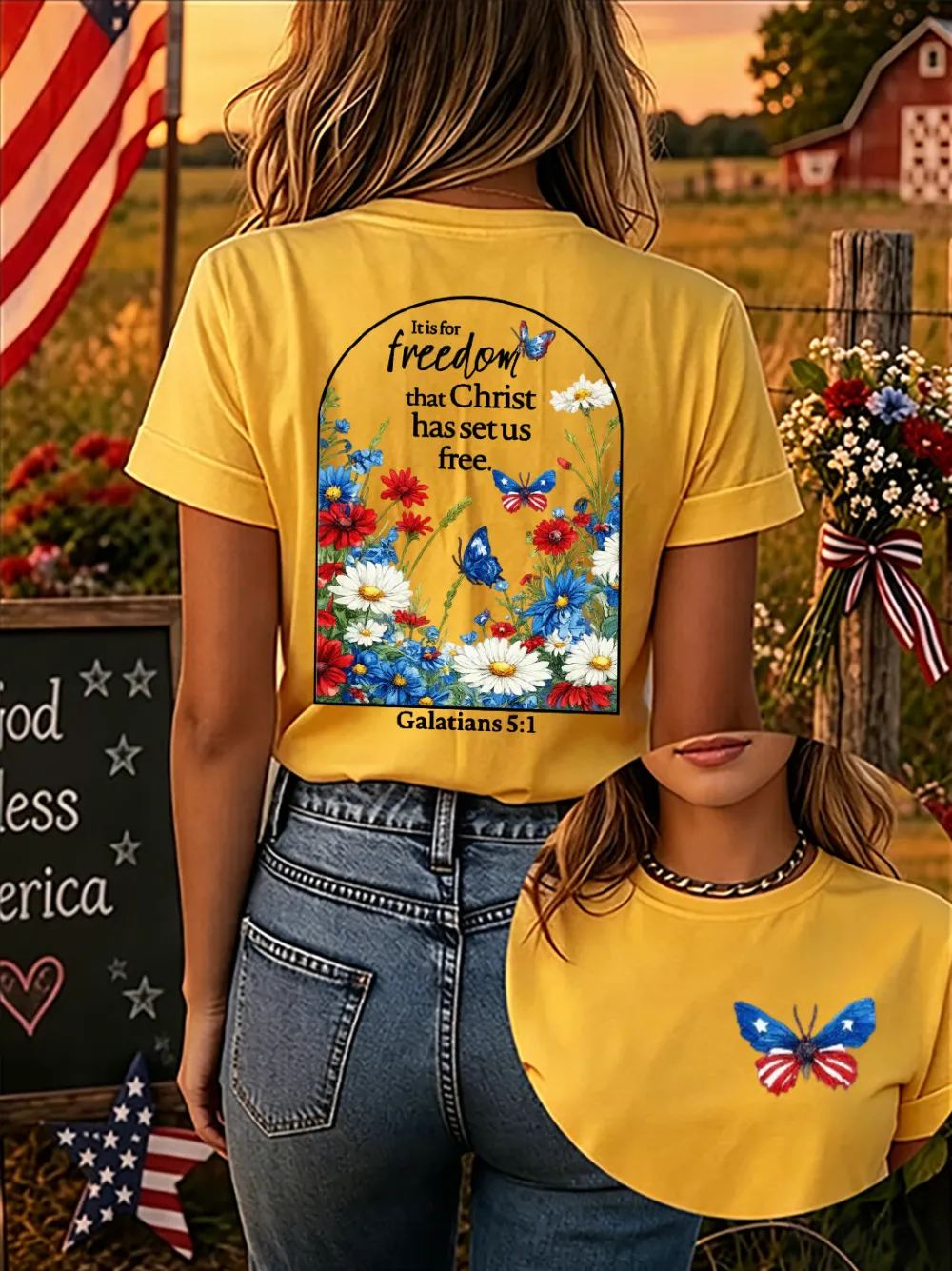 Christ'S Gift Of Freedom: Women'S American 250th Anniversary Faith Print Short-Sleeve T-Shirt