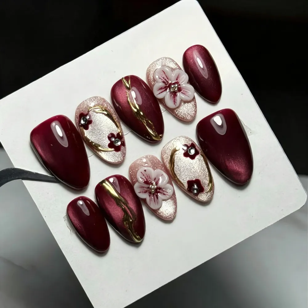 Nailhour 30Pcs Floral Red 3D Medium Almond French Press On Nails