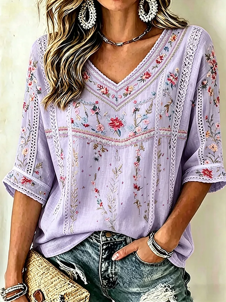 Women's Floral Embroidered Lace Trim V-Neck Blouse