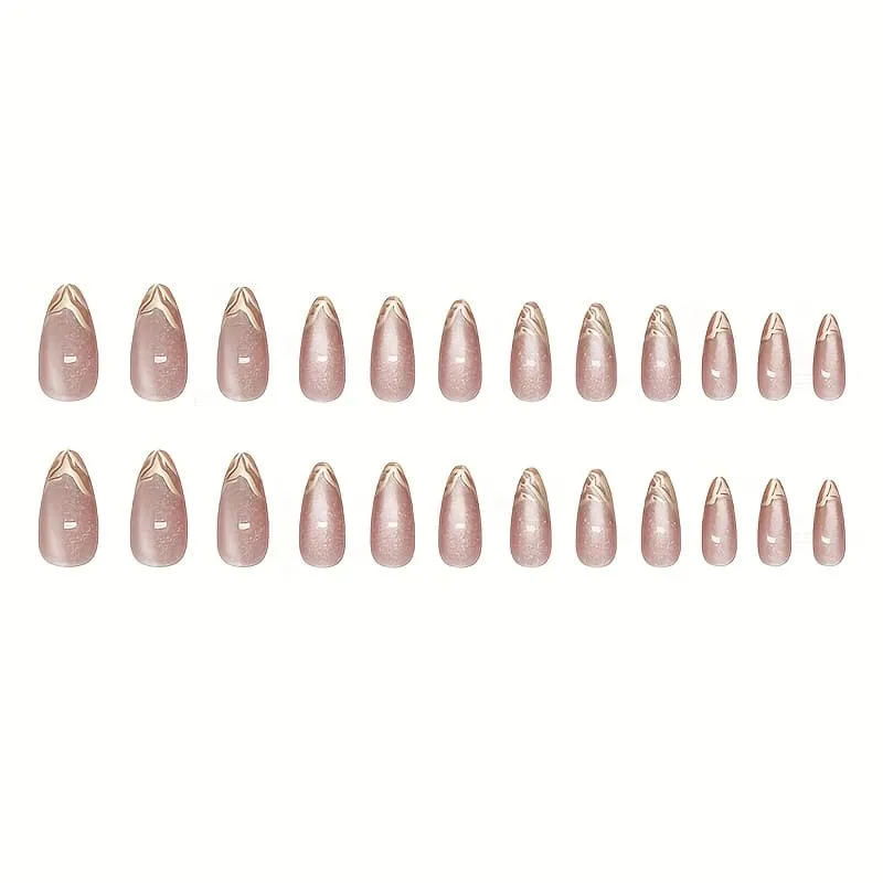 Nailhour 24Pcs Nude 3D Gilded French Medium Almond Press On Nails