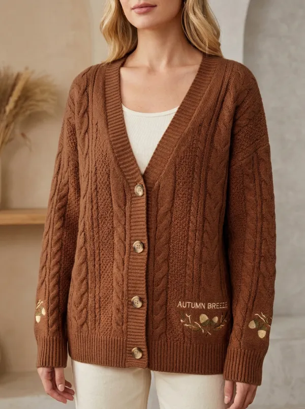 Acorn Cable Embroidered Women's Knit Cardigan