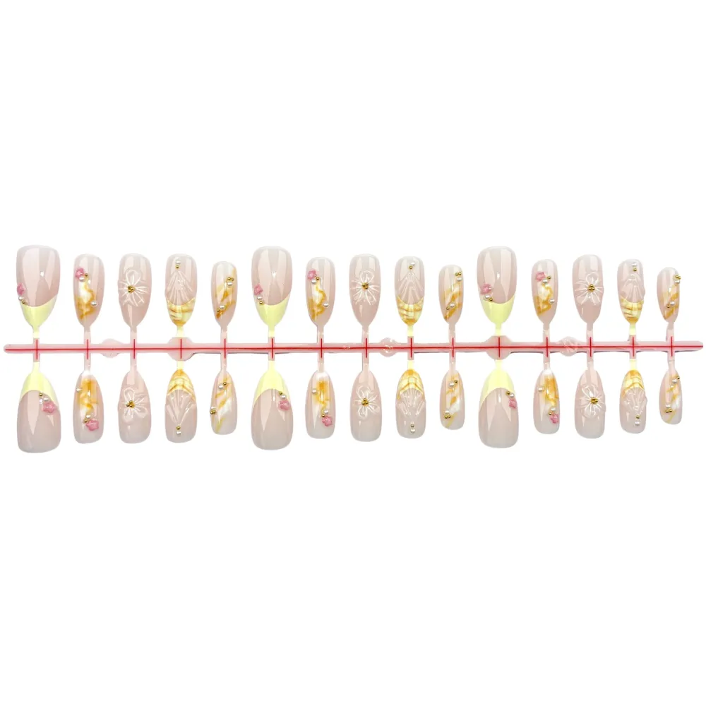 Nailhour 30Pcs Floral 3D Medium Almond French Press Yellow On Nails