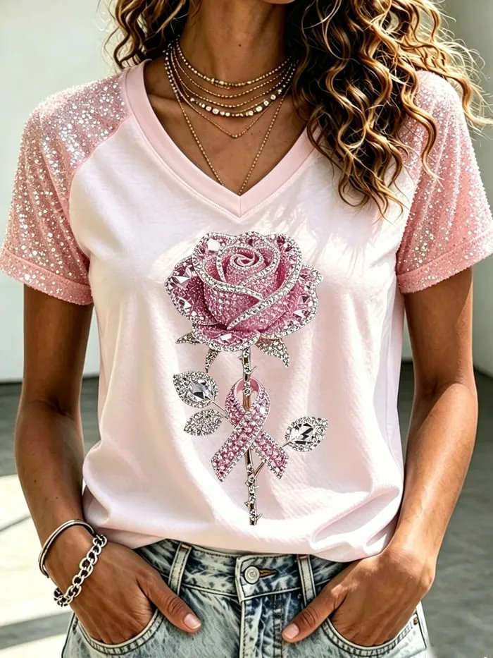 Women'S Casual Pink Art Shoulder T-Shirt