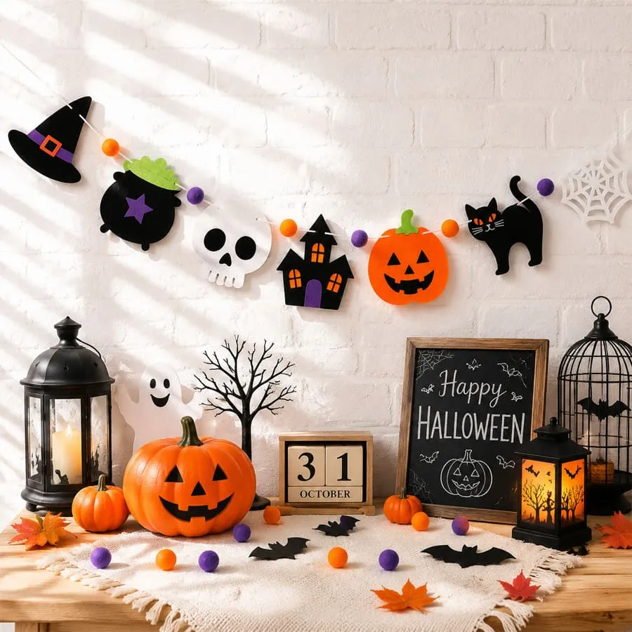 Halloween Pumpkin Skull Black Cat Witch Hat Party Banner（14 * 16 * 2CM）