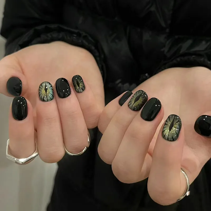 Nailhour 24Pcs Black Starry Sky Cat's Eye Devil Eye Oval Press On Nails