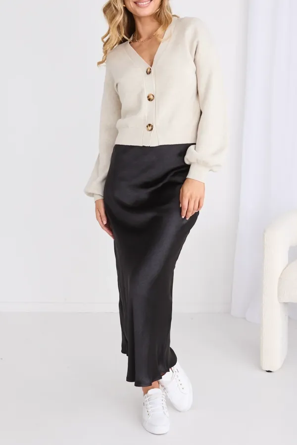 Black Satin Flared Midi Skirt
