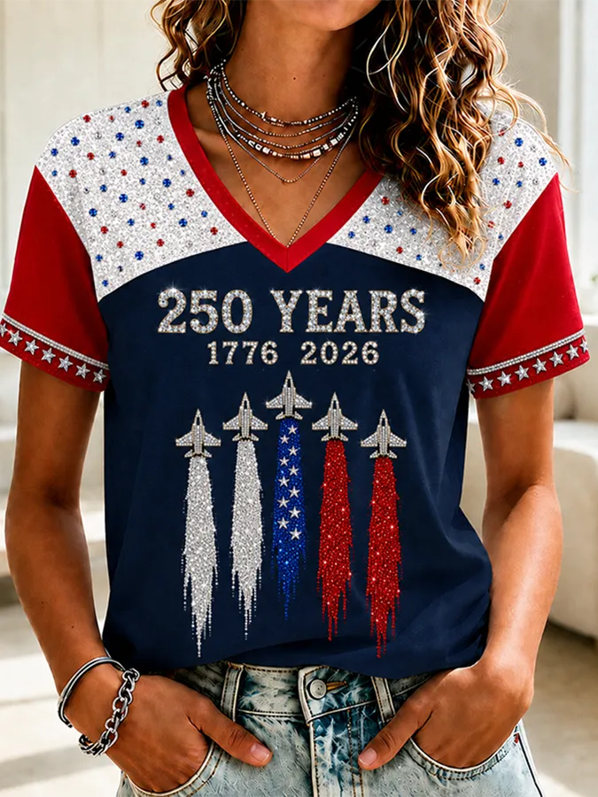 Women'S America Flag Print Casual V-Neck T-Shirt