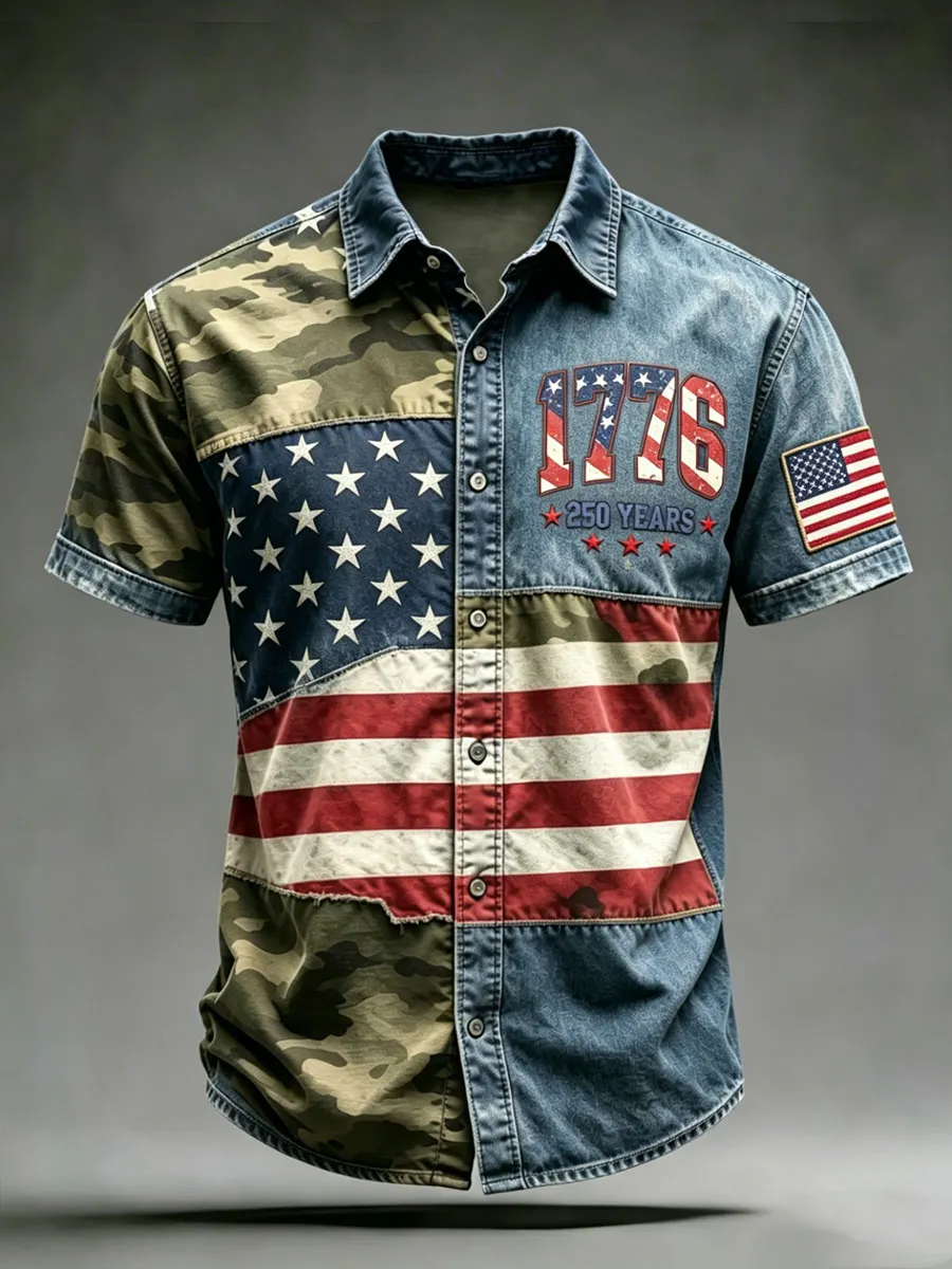 Men'S Retro American 250Th Anniversary Short-Sleeved  Shirt