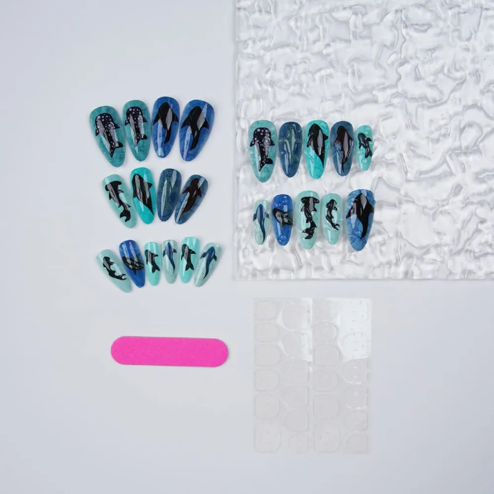 Nailhour 24Pcs Ocean 3D Medium Almond Shark Fish Press On Nails